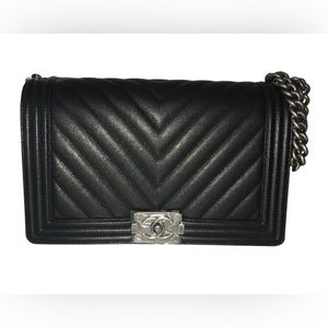 Authentic Chanel Chevron Caviar leather with ruthenium hardware